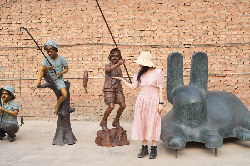 Bronze Children fishing Statue