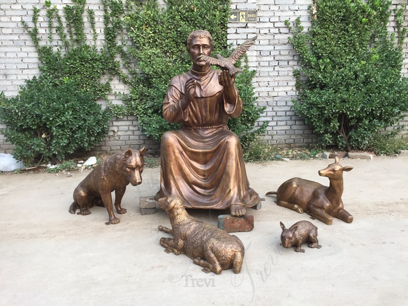 Bronze sitting St Francis of Assisi Statue with Animals