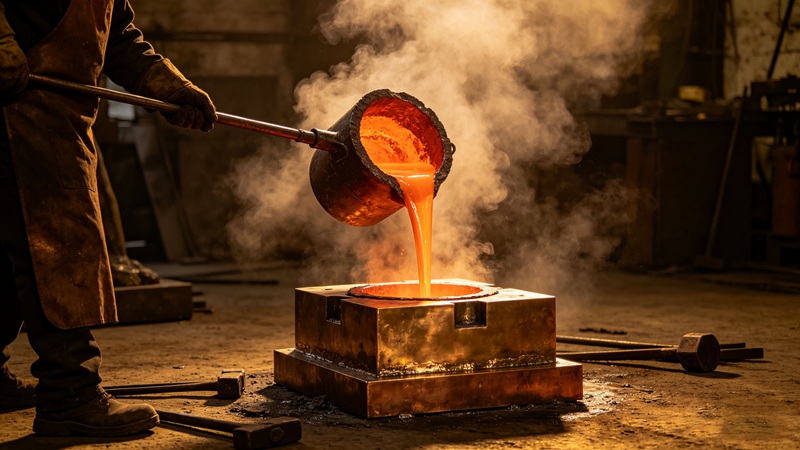 A bronze sculpture is being cast