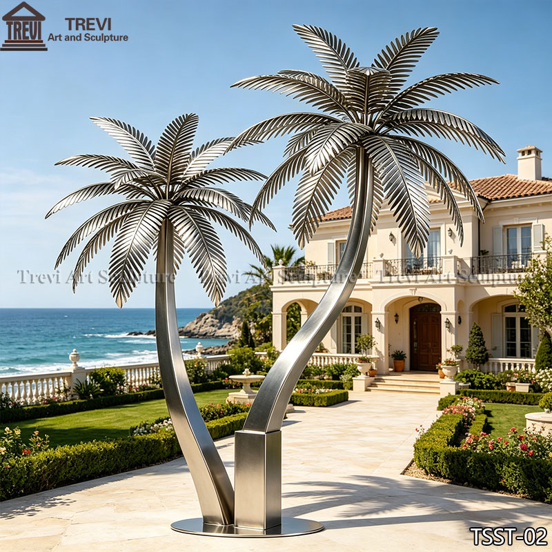 Modern Coastal Stainless Steel Palm Tree Sculpture