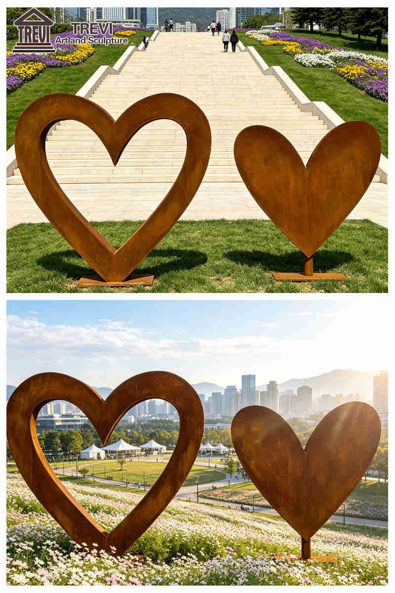 corten steel heart shaped sculpture different placement