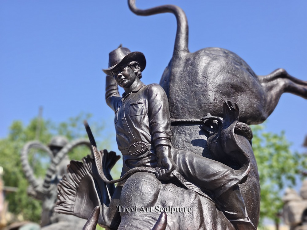 Large Western Bronze Bull Rider Statue details