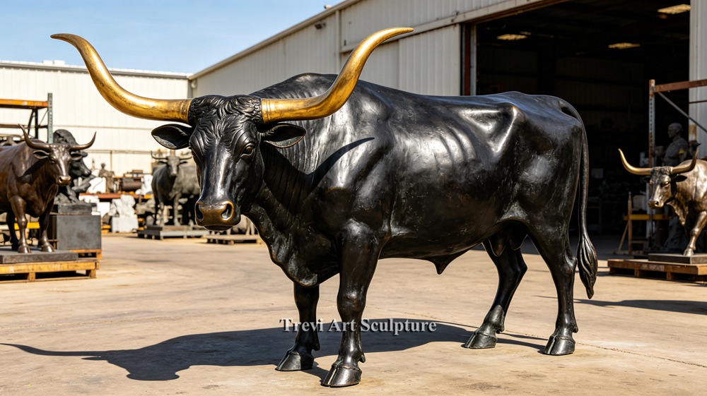 Texas longhorn cow bronze statue