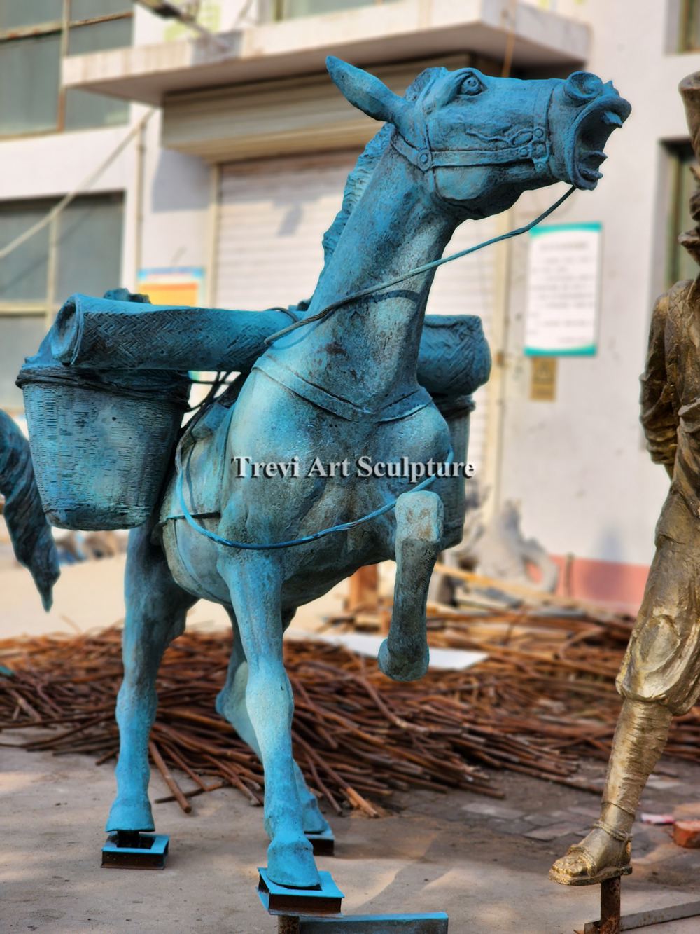 Life Size Antique Green Finish Horse with Saddlebags