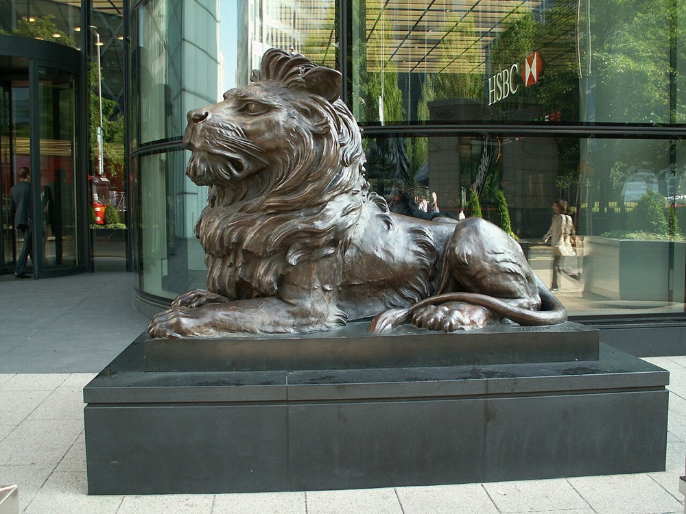 The lion statues of HSBC Main Building in Hong Kong