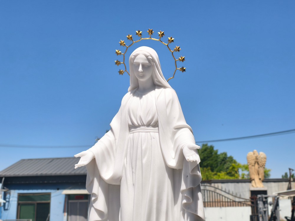 white marble Virgin Mary statue with twelve star halo